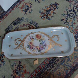 Authentic Vintage Limoges France Porcelain Vanity Tray - Blue & Gold Floral